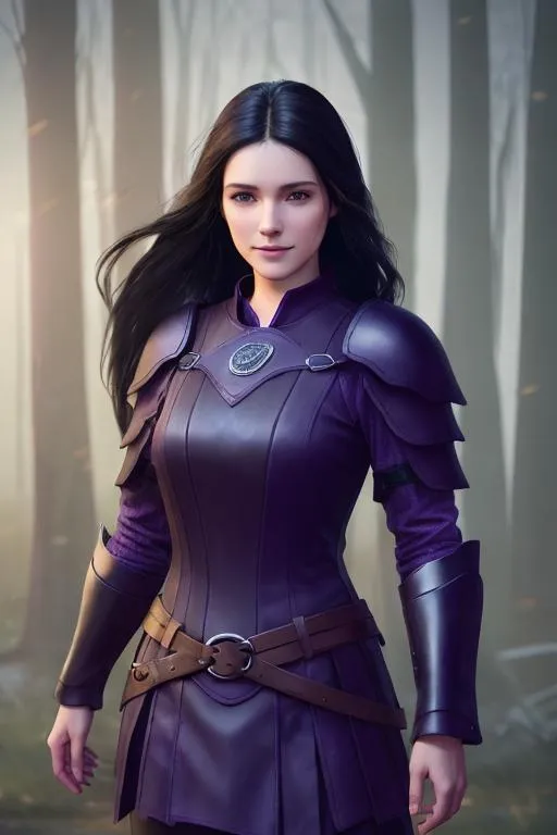 Prompt: Digital Art, 25-year-old viking woman, purple gear, purple clothes, subtle smile, black straight hair, dark purple eyes, a dark purple long-sleeve shirt, textured skirt down to knees, dark purple pants, dark purple armor, long black hair with volume, middle part in hair, leather boots, dark purple gear, unreal engine 64k octane, hdr, 3d lighting, full body, full armor