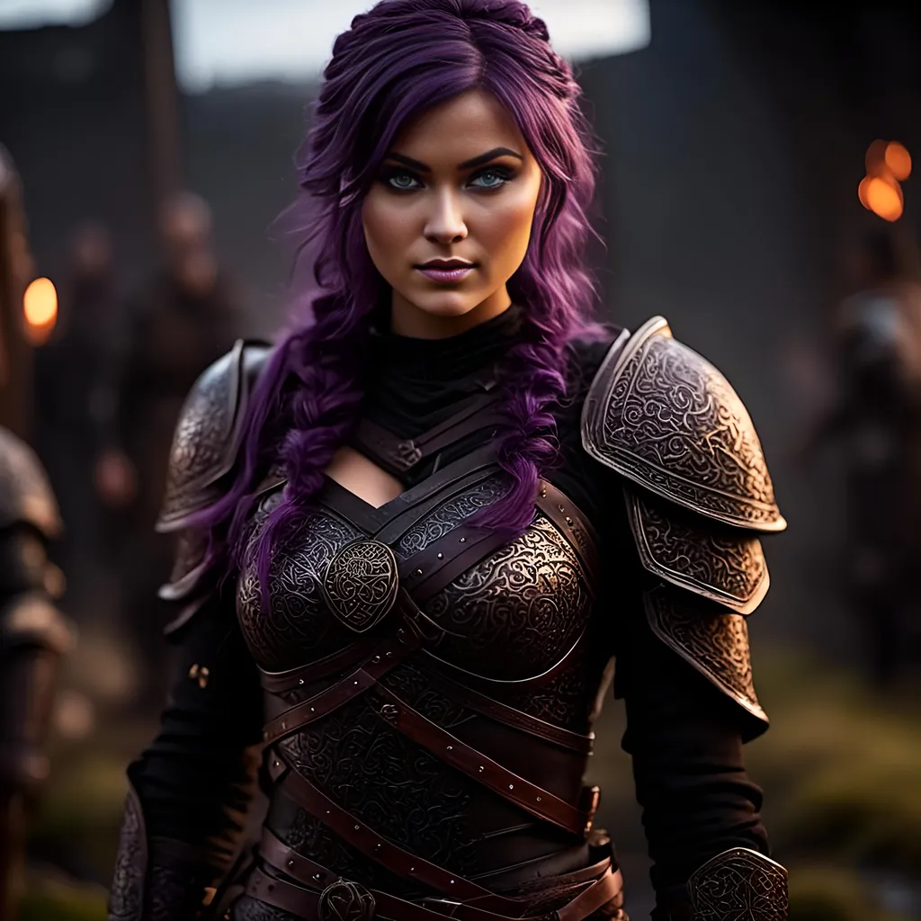 Prompt: <mymodel>25-year-old viking woman, messy and dirty hair, she has an angry and intense expression, light blue eyes, dirty armor, black gear, bright black armor, black textures and highlights, standing in a dimly lit viking building, with glowing algae, short focus, blurry background, unreal engine 8k octane, 3d lighting, full body, full armor