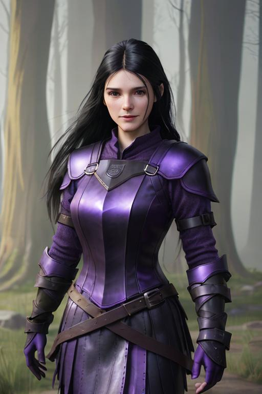 Prompt: Digital Art, 25-year-old viking woman, purple gear, purple clothes, subtle smile, black straight hair, dark purple eyes, a dark purple long-sleeve shirt, textured skirt down to knees, dark purple pants, dark purple armor, long black hair with volume, middle part in hair, leather boots, dark purple gear, unreal engine 64k octane, hdr, 3d lighting, full body, full armor