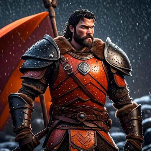 Prompt: <mymodel>Animated CGI style of a fierce Viking male about 25 years old, black hair, detailed facial features, leather armor {{((red))}} and orange armor, battle axe and shield, standing in the rain, intense and determined expression, dynamic and powerful pose, CGI, fierce male, Nordic designs, battle-ready, dynamic pose, professional lighting