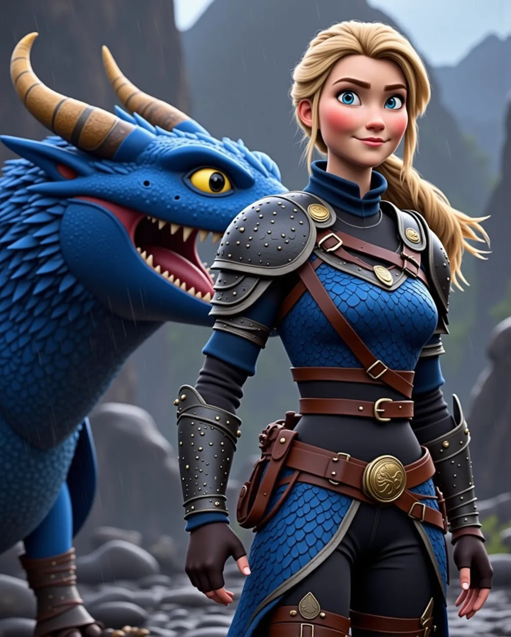 Prompt: CGi Animation, 20-year-old viking woman with blue eyes, a rainy scene, she is standing next to a bright blue dragon with gold highlights, they are both in the rain, the viking woman has a subtle smile, blonde hair in a ponytail style, she has blue gear, gold armor, black pants, black boots