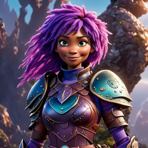 Prompt: a photo of <mymodel>, a {{{caucasian viking female}}} with purple hair and purple gear and armor with bursts of blue textures