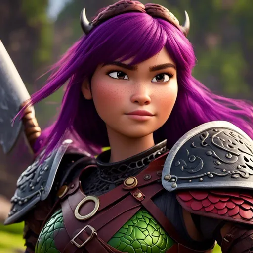 Prompt: <mymodel>Animated CGI style of a fierce {{{Caucasian white}}} Viking female about 25 years old, purple hair, detailed facial features, leather armor ((red)) and green armor, battle axe and shield, intense and determined expression, dynamic and powerful pose, high definition, CGI, detailed armor, fierce female, Nordic designs, battle-ready, dynamic pose, professional lighting