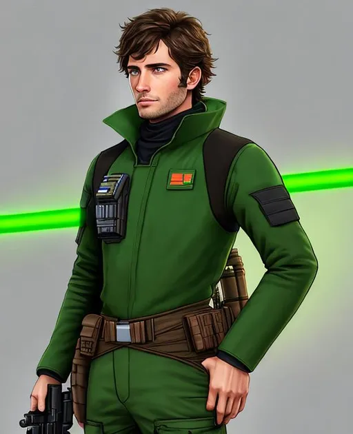 Prompt: Digital Art, 26-year-old man on Lothal in Star Wars, green lightsaber, green eyes, short brown hair, star wars pilot, green gear, tactical belt, long sleeve shirt, brown pants, a280c blaster rifle, unreal engine 8k octane, full body, full gear