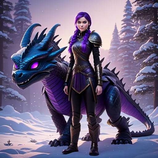 Prompt: Photo of <mymodel> standing next to her ((black)) razorwhip dragon from How to Train Your Dragon in the snow