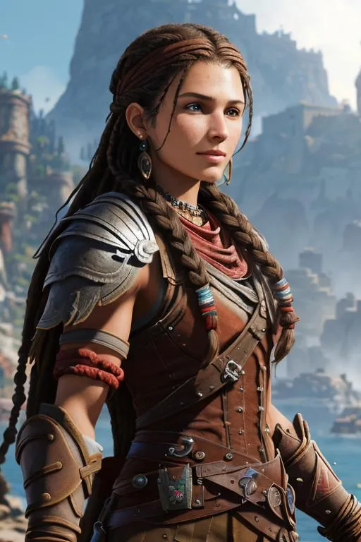 Prompt: Digital Art, 20-year-old pirate woman, red bandana around hair above forehead, muscular build, brown gear, brown pants, assassin's creed Odyssey armor, jeweled hair band, brunette hair, dreadlocks, subtle smile, beads hair, small red earrings, multiple braids, straight hair, blue eyes, bracelets, rings on fingers, mercenary gear, unreal engine 8k octane, 3d lighting, full body, full armor
