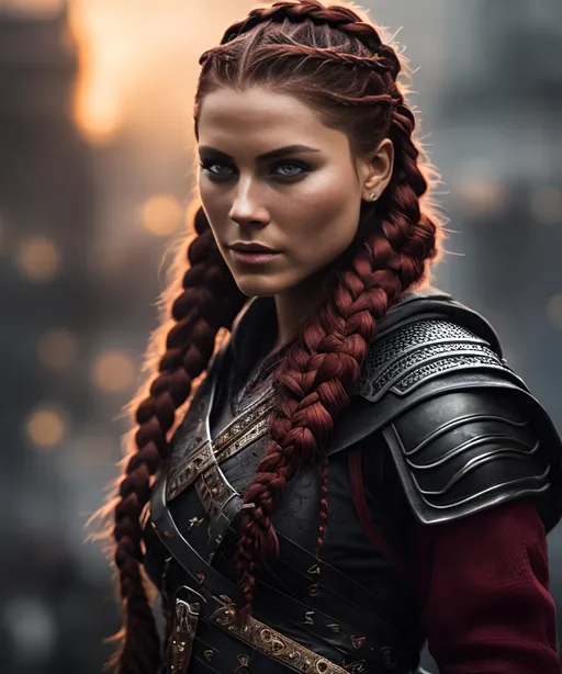 Prompt: she has red braided cornrow hair, create most beautiful fictional female viking warrior, red hair, black rogue gear, extremely detailed environment, detailed background, intricate, detailed skin, professionally color graded, photorealism, 16k, moody lighting