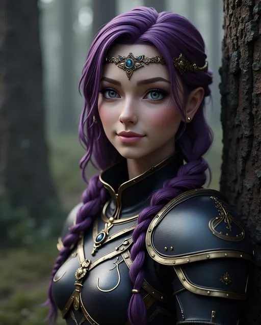 Prompt: <mymodel>CGI Animation, digital art, 20-year-old-old viking woman with light blue eyes, she is overjoyed, she has black gear and gold armor, purple hair with purple strands, standing in a dimly lit forest, she is leaning against a tree, single braid down her shoulder with a tiara, unreal engine 16k octane, 3d lighting, full armor
