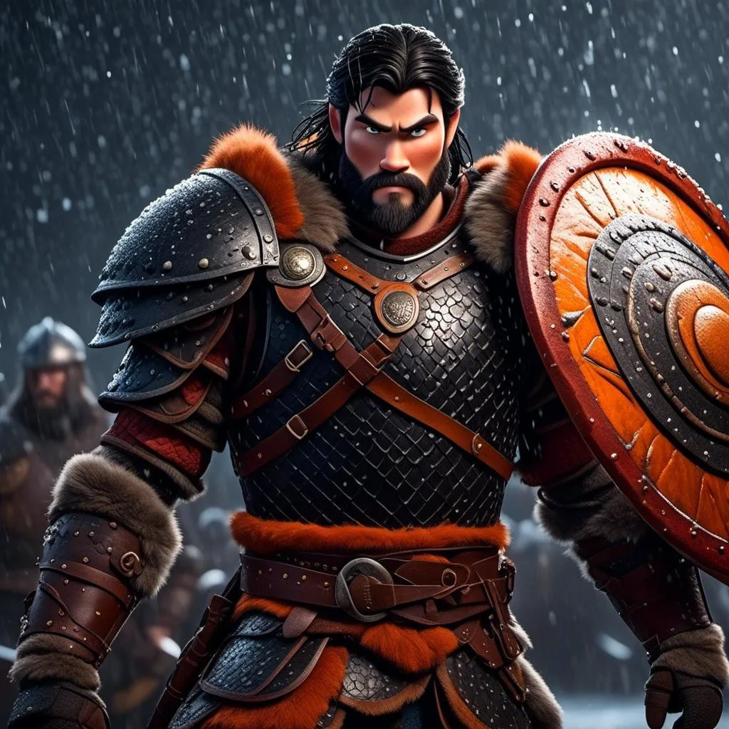 Prompt: <mymodel>Animated CGI style of a fierce Viking male about 25 years old, black hair, detailed facial features, leather armor {{((red))}} and orange armor, battle axe and shield, standing in the rain, intense and determined expression, dynamic and powerful pose, CGI, fierce male, Nordic designs, battle-ready, dynamic pose, professional lighting