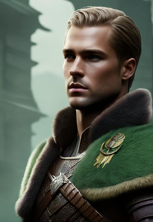 Prompt: he has short brown comb over hair, create most handsome fictional male prince viking warrior, short brown hair, light green eyes, extremely detailed environment, detailed background, intricate, detailed skin, professionally color graded, photorealism, 8k, moody lighting