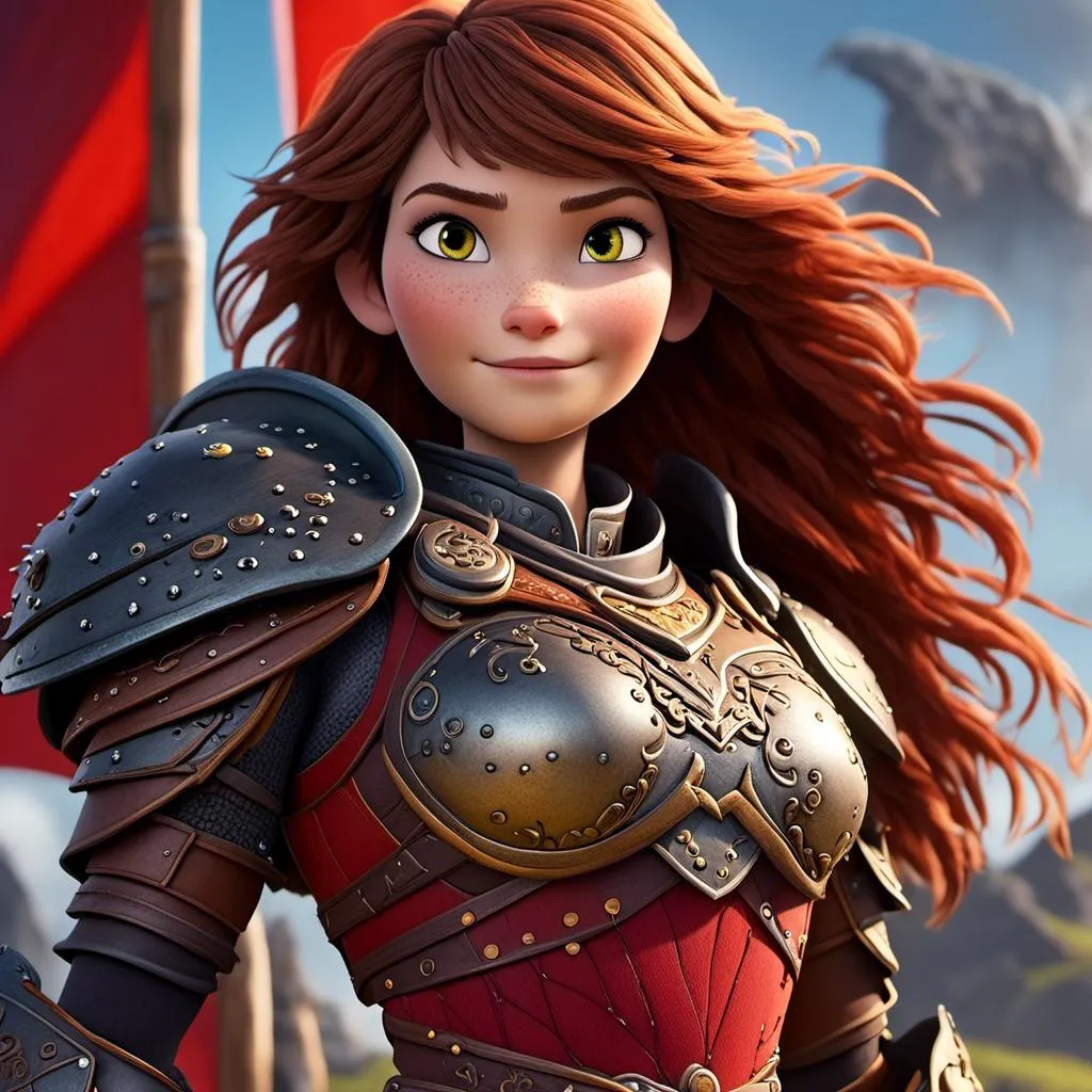 Prompt: <mymodel>CGI Animation of a viking female, brown hair, hazel eyes, bright red gear and armor, yellow highlights and textures, intricate details, high quality, digital painting, cool tones, dramatic lighting