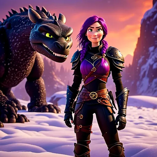 Prompt: Photo of<mymodel>standing next to her ((black)) razorwhip dragon from How to Train Your Dragon in the snow, viking warrior, purple hair, single braid down her shoulder, black gear, gold armor, black pants, gold boots, 8K octane, unreal engine, short focus, blurry background