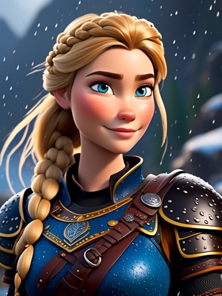 Prompt: <mymodel>CGi Animation, 20-year-old viking woman with blue eyes, ((she is wearing a royal helmet)), a rainy scene, the viking woman has a subtle smile with it pouring down rain, blonde hair in a ponytail style, she has blue gear, gold armor, black pants, black boots