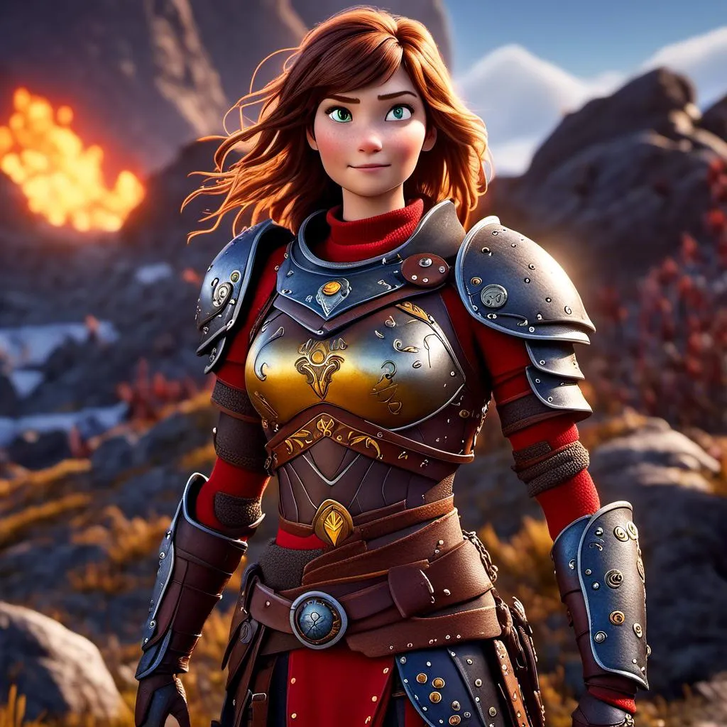 Prompt: <mymodel>CGI Animation of a viking female, brown hair, hazel eyes, bright red gear and armor, yellow highlights and textures, intricate details, high quality, digital painting, cool tones, dramatic lighting