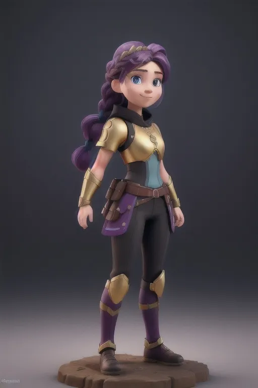 Prompt: Digital art, bright colors, subtle smile, 23-year-old woman viking, dark purple hair, one braid, light blue eyes, cut over left eye to on cheekbone, black gear, gold armor, unreal engine 8k octane, 3d lighting, full body, full armor