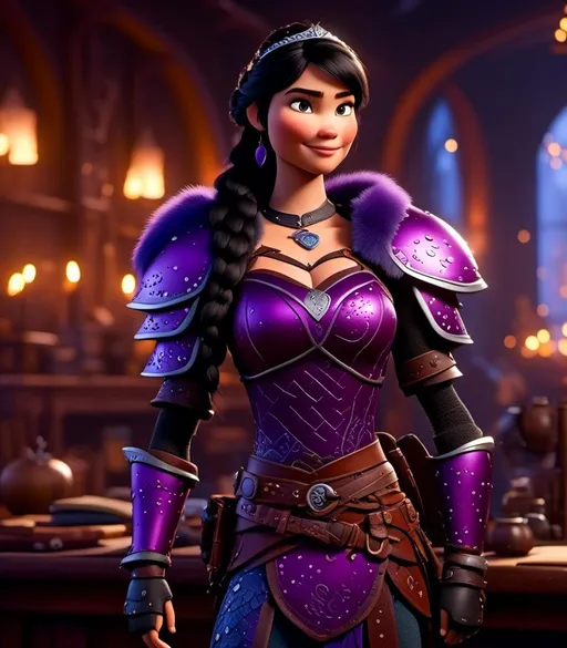 Prompt: <mymodel>CGI Animation, digital art, 20-year-old-old viking woman with light blue eyes, she is standing in her library, she is of royalty, {{black gear, purple armor}}, black hair with purple strands, single braid down her shoulder with a tiara, subtle smile, unreal engine 8k octane, 3d lighting, close up camera shot on the face, full armor