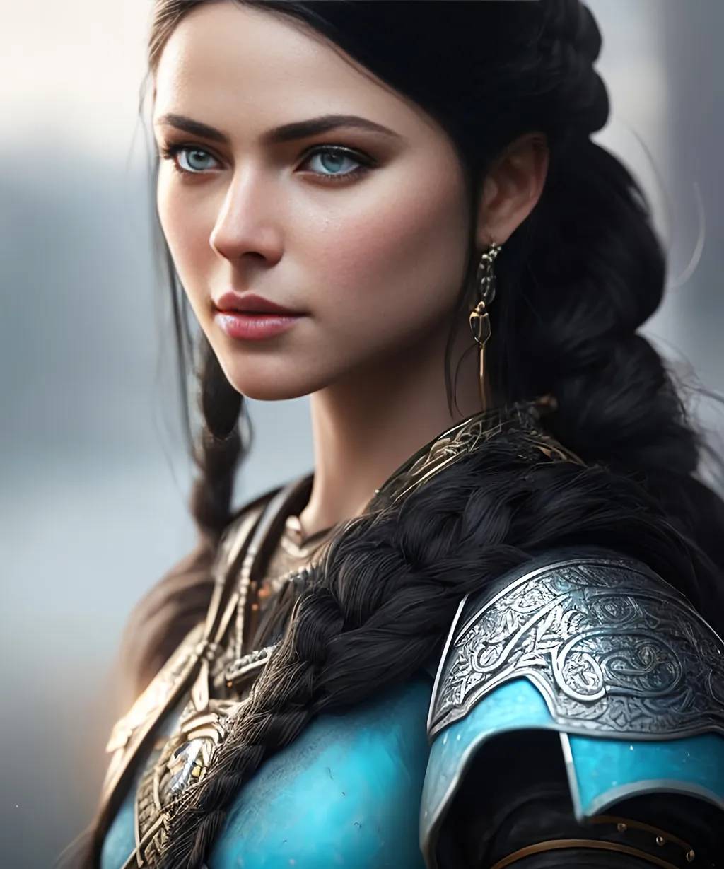 Prompt: she has black hair, create most beautiful fictional female viking princess warrior, black hair, light blue eyes, extremely detailed environment, detailed background, intricate, detailed skin, professionally color graded, photorealism, 8k, moody lighting