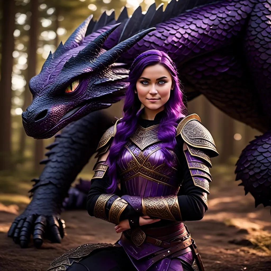 Prompt: Photo of <mymodel> standing next to her black razorwhip dragon from "How to Train Your Dragon"