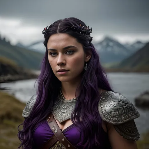 Prompt: create most beautiful fictional female viking princess, (((dark purple hair))), commanding her citizens, extremely detailed environment, detailed background, intricate, detailed skin, professionally color graded, photorealism, 8k, moody lighting