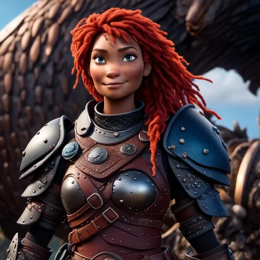 Prompt: <mymodel>CGI Animation of a viking woman of 40 years old, red hair with dreadlocks, blue eyes, all black gear and armor, leather highlights and textures, dragon scale textures and armor, intricate details, high quality, digital painting, cool tones, dramatic lighting