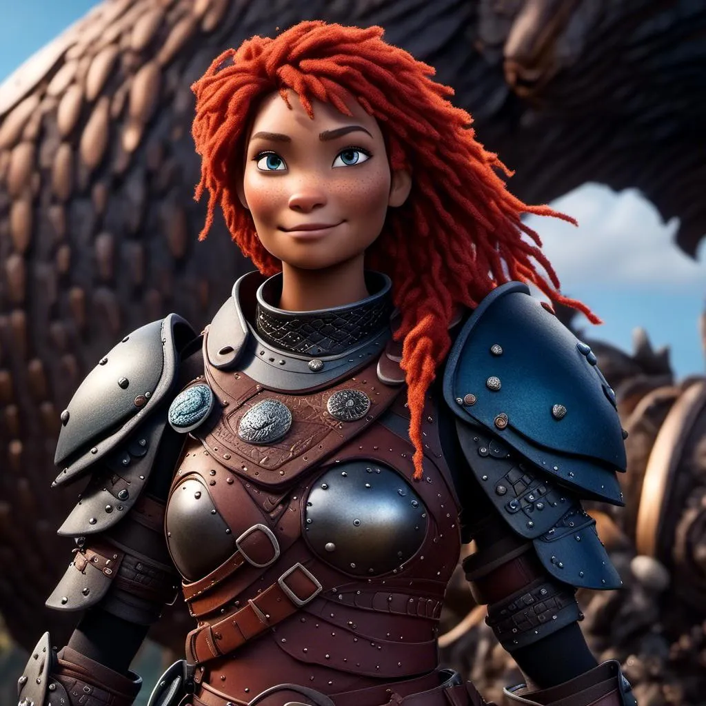 Prompt: <mymodel>CGI Animation of a viking woman of 40 years old, red hair with dreadlocks, blue eyes, all black gear and armor, leather highlights and textures, dragon scale textures and armor, intricate details, high quality, digital painting, cool tones, dramatic lighting