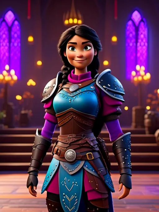 Prompt: <mymodel>CGI Animation, digital art, 20-year-old-old viking woman of royalty standing in The Great Hall on the Isle of Berk, light blue eyes, {{black gear, purple armor}}, black hair, single braid down her shoulder with a tiara, subtle smile, unreal engine 8k octane, 3d lighting, close up camera shot on the face, full armor