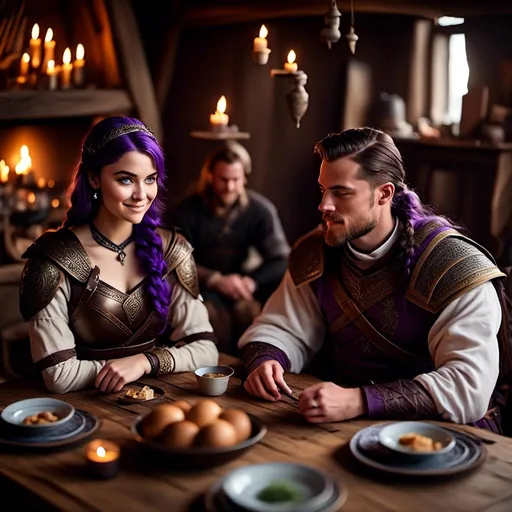 Prompt: Photo of a young <mymodel> sitting at the supper table with her husband a young Jarl Mollerson, he has short brown hair and no beard, they are in their viking house