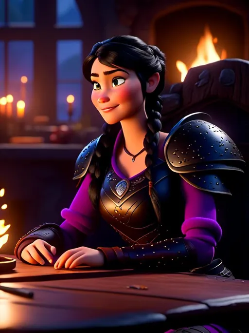 Prompt: <mymodel>CGI Animation, digital art, 20-year-old-old viking woman of royalty sitting at a desk in her home in the living room next to the fireplace, {{{blue eyes}}}, {{black gear, purple armor}}, black hair, single braid down her shoulder with a tiara, subtle smile, unreal engine 8k octane, 3d lighting, close up camera shot on the face, full armor