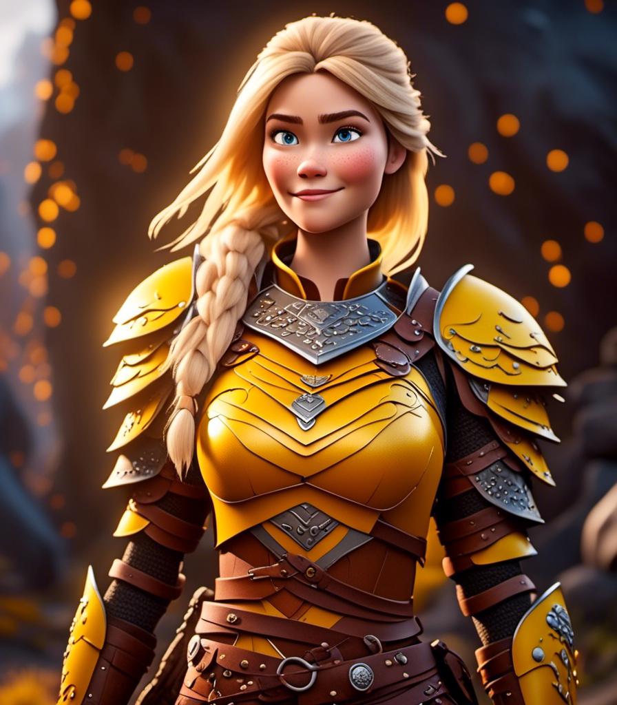 Prompt: <mymodel>CGI Animation, digital art, 20-year-old-old viking woman with light blue eyes, yellow mask over her eyes, yellow clothes, gold colored armor, blonde straight hair, subtle smile, unreal engine 8k octane, 3d lighting, full armor