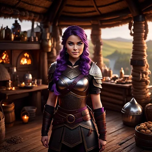 Prompt: Photo of <mymodel> viking in the style of 3D animation from "How to Train Your Dragon" standing in her viking hut