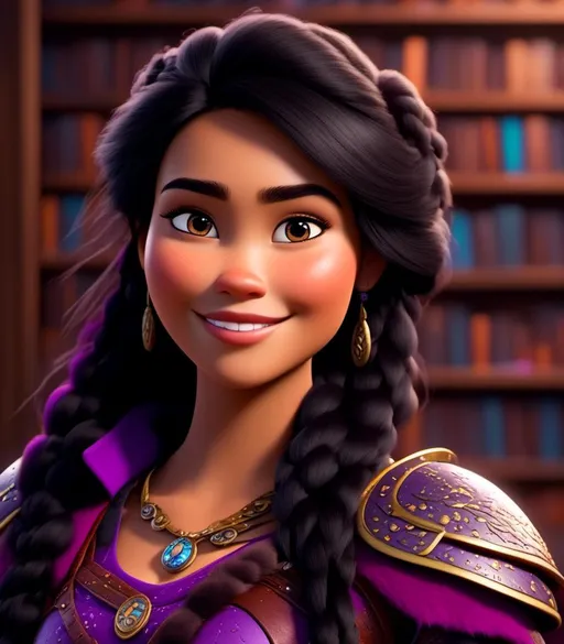 Prompt: <mymodel>CGI Animation, digital art, 20-year-old-old viking woman with {{{{light blue eyes}}}}, she is standing in her library, she is of royalty, {{black gear, purple armor}}, black hair with purple strands, single braid down her shoulder with a tiara, subtle smile, unreal engine 8k octane, 3d lighting, close up camera shot on the face, full armor