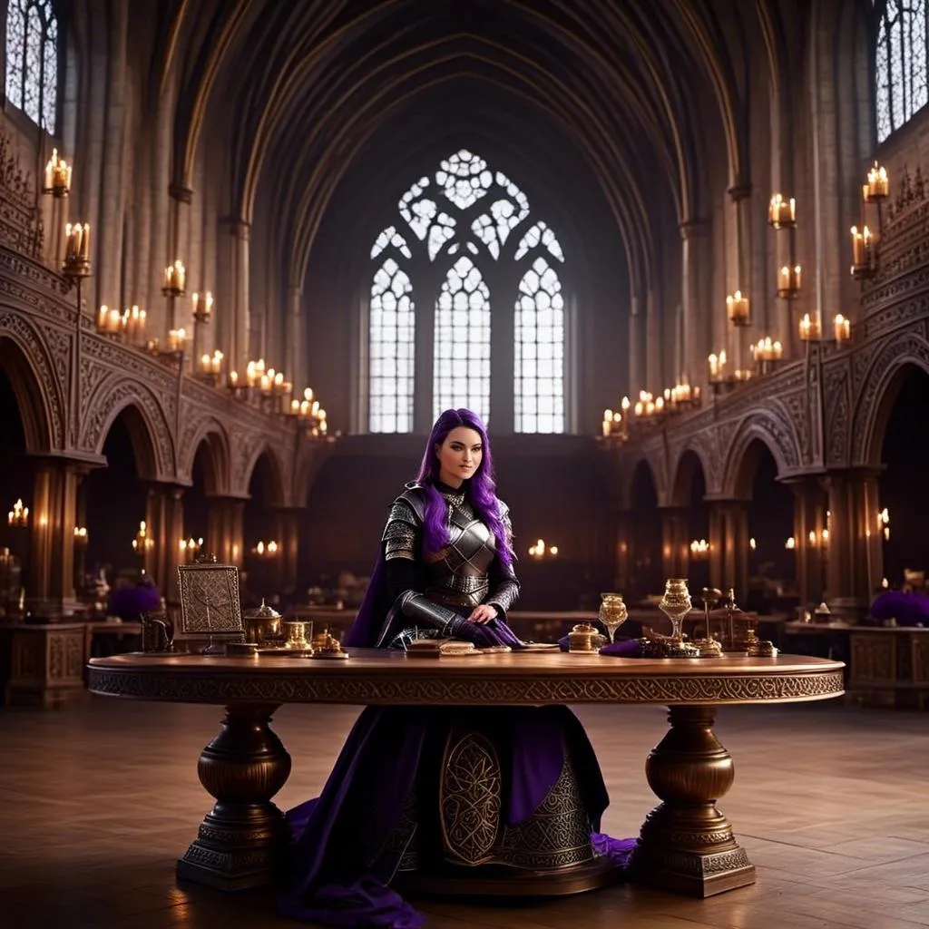 Prompt: Photo of <mymodel> sitting at a table in The Great Hall
