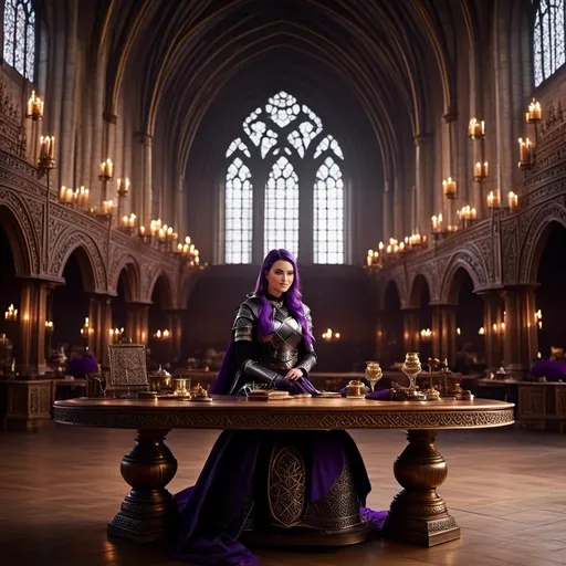 Prompt: Photo of <mymodel> sitting at a table in The Great Hall
