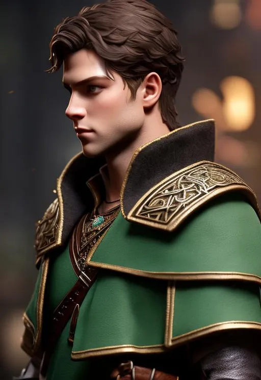 Prompt: he has short brown hair, create most handsome fictional male prince viking warrior, short brown hair, light green eyes, extremely detailed environment, detailed background, intricate, detailed skin, professionally color graded, photorealism, 8k, moody lighting