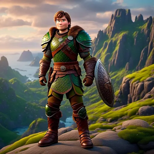 Prompt: <mymodel>Male viking warrior, standing on a cliff next to his green ((dragon)), short brown hair, green eyes, green armor, brown gear, brown pants, brown boots, historical, strong and natural lighting