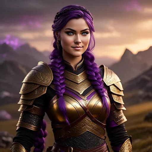 Prompt: create <mymodel> viking, vibrant colors, subtle smile, 23-year-old woman viking, dark purple hair, one braid, black pants, light blue eyes, cut over left eye to on cheekbone, black gear, gold armor, unreal engine 8k octane, 3d lighting, full body, full armor