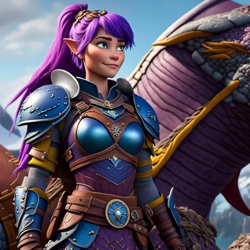 Prompt: <mymodel>CGI Animation of a viking female, purple hair, blue and yellow gear and armor, intricate details, high quality, digital painting, cool tones, dramatic lighting