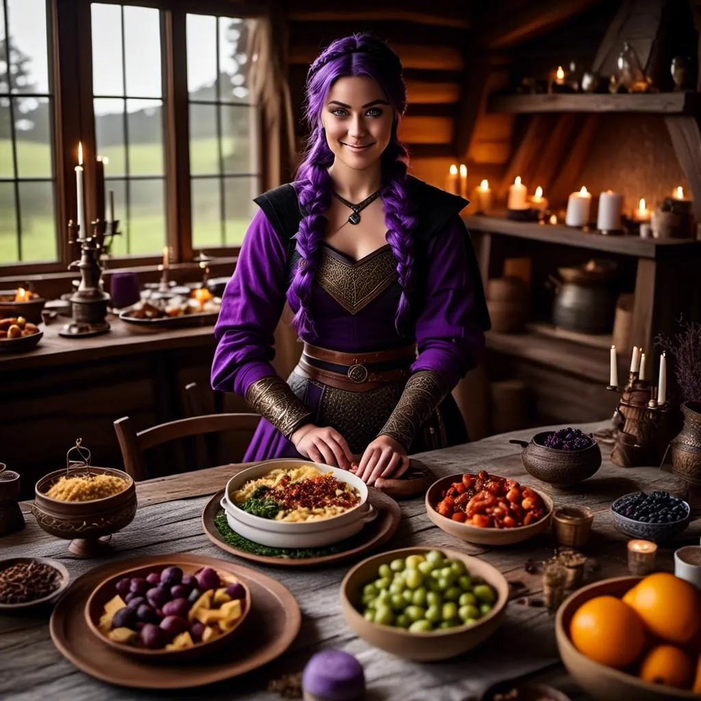 Prompt: Photo of <mymodel> setting the supper table with food prepared for two in her viking house