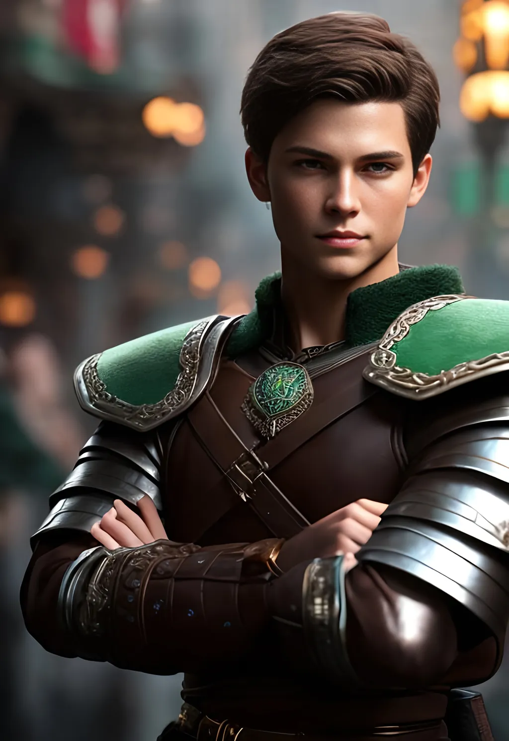 Prompt: he has short brown hair, create most handsome fictional male prince viking warrior, short brown hair, light green eyes, extremely detailed environment, detailed background, intricate, detailed skin, professionally color graded, photorealism, 8k, moody lighting