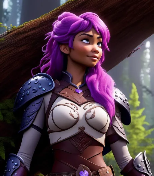 Prompt: <mymodel>CGI Animation, digital art, 20-year-old-old white viking woman with light blue eyes, it is raining, she is of royalty standing at night next to a tree with her hands resting on the bark, she is in a dimly lit thick forest with trees everywhere, dense fog, {{black gear, purple armor}}, purple hair, single braid down her shoulder with a tiara, subtle smile, unreal engine 8k octane, 3d lighting, close up camera shot on the face, full armor