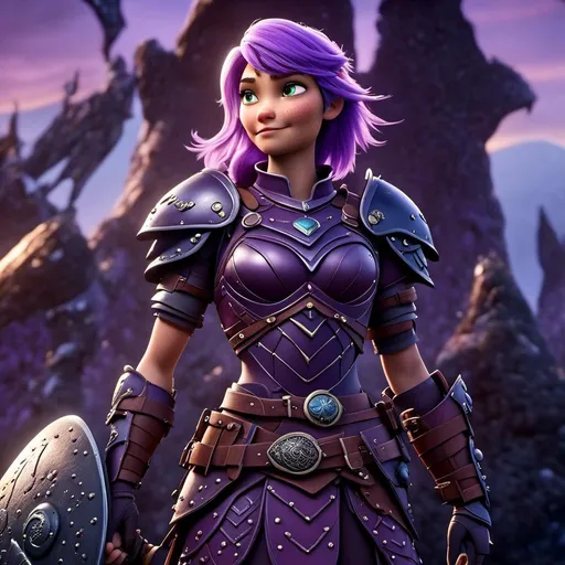 Prompt: <mymodel>CGI Animation of a viking female, purple hair, purple and black gear and armor, intricate details, high quality, digital painting, cool tones, dramatic lighting