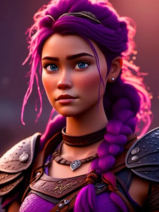 Prompt: <mymodel>CGI Animation, digital art, 20-year-old-old viking woman with light blue eyes, she looks sad and upset, standing in a battle arena at the ready, purple hair with purple strands, single braid down her shoulder with a tiara, unreal engine 8k octane, 3d lighting, close up camera shot on the face, full armor