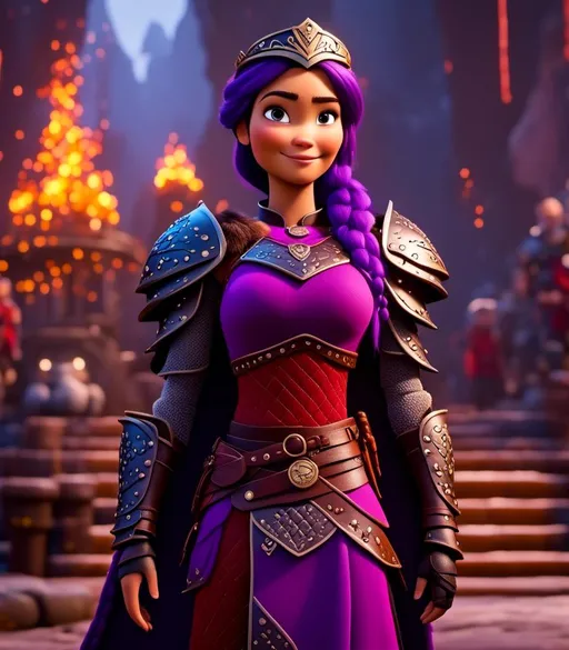 Prompt: <mymodel>CGI Animation, digital art, 20-year-old-old viking woman with light blue eyes, she is standing next to her clan's throne, she is of royalty standing, {{black gear, purple armor}}, purple hair, single braid down her shoulder with a tiara, subtle smile, unreal engine 8k octane, 3d lighting, close up camera shot on the face, full armor