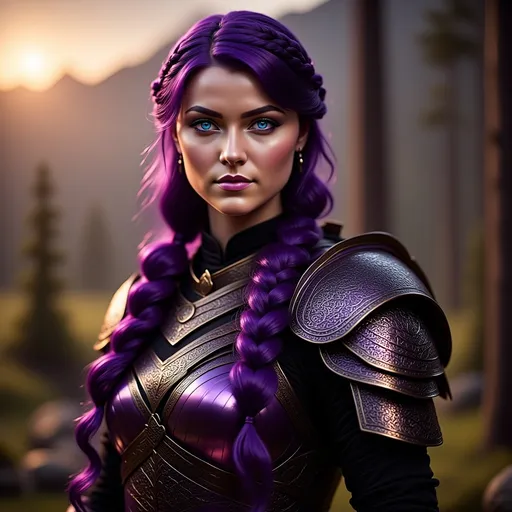 Prompt: <my model> she has dark purple hair, create most beautiful fictional female viking princess warrior, soft skin tones, dark purple hair, light blue eyes, extremely detailed forest environment at sunset, detailed background, intricate, detailed skin, professionally color graded, soft lighting, photorealism, 8k, moody lighting