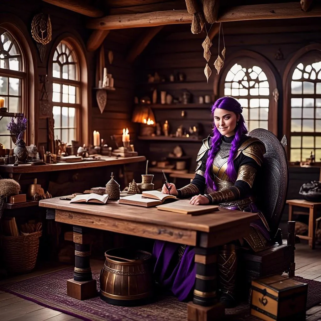 Prompt: Photo of <mymodel> with no armor casually relaxing sitting at a desk in her viking house