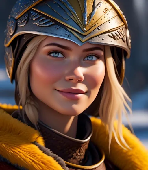 Prompt: <mymodel>CGI Animation, digital art, 20-year-old-old viking woman with light blue eyes, yellow clothes, gold colored armor, blonde straight hair, a mask on her eyes, subtle smile, unreal engine 8k octane, 3d lighting, close up camera shot on the face, full armor