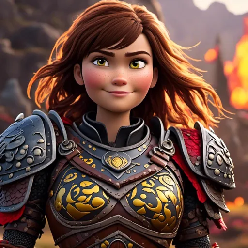 Prompt: <mymodel>CGI Animation of a viking female, brown hair in her face, hazel eyes, bright red gear and armor, yellow highlights and textures, full body armor, she has heavy gauntlets on her hands with armored gloves, standing in a viking village, intricate details, high quality, digital painting, cool tones, dramatic lighting