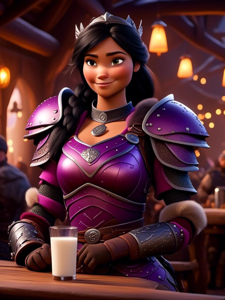 Prompt: <mymodel>CGI Animation, digital art, 20-year-old-old viking woman of royalty standing a busy tavern having a drink of milk, {{purple gear, pink armor}}, black hair, straight hair with a tiara, subtle smile, unreal engine 8k octane, 3d lighting, close up camera shot on the face, full armor