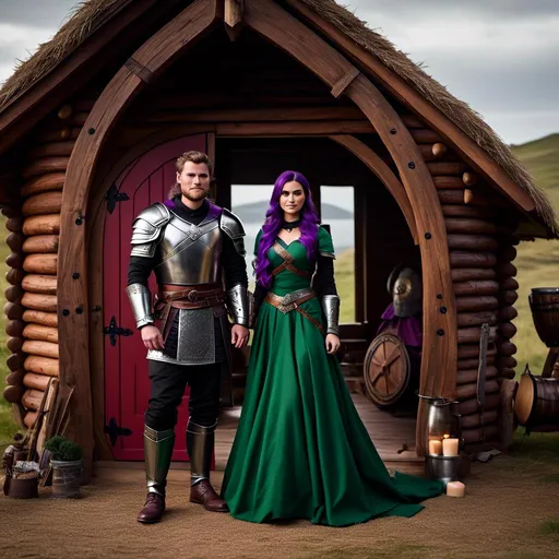 Prompt: Photo of <mymodel> standing in her hut with her husband Jarl Everson who is 24-years old who has brown (((short)) wavy hair and green gear