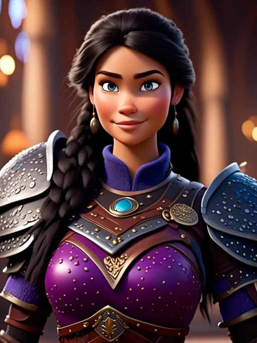 Prompt: <mymodel>CGI Animation, digital art, 20-year-old-old viking woman of royalty standing in The Great Hall on the Isle of Berk, light blue eyes, {{black gear, purple armor}}, black hair, single braid down her shoulder with a tiara, subtle smile, unreal engine 8k octane, 3d lighting, close up camera shot on the face, full armor